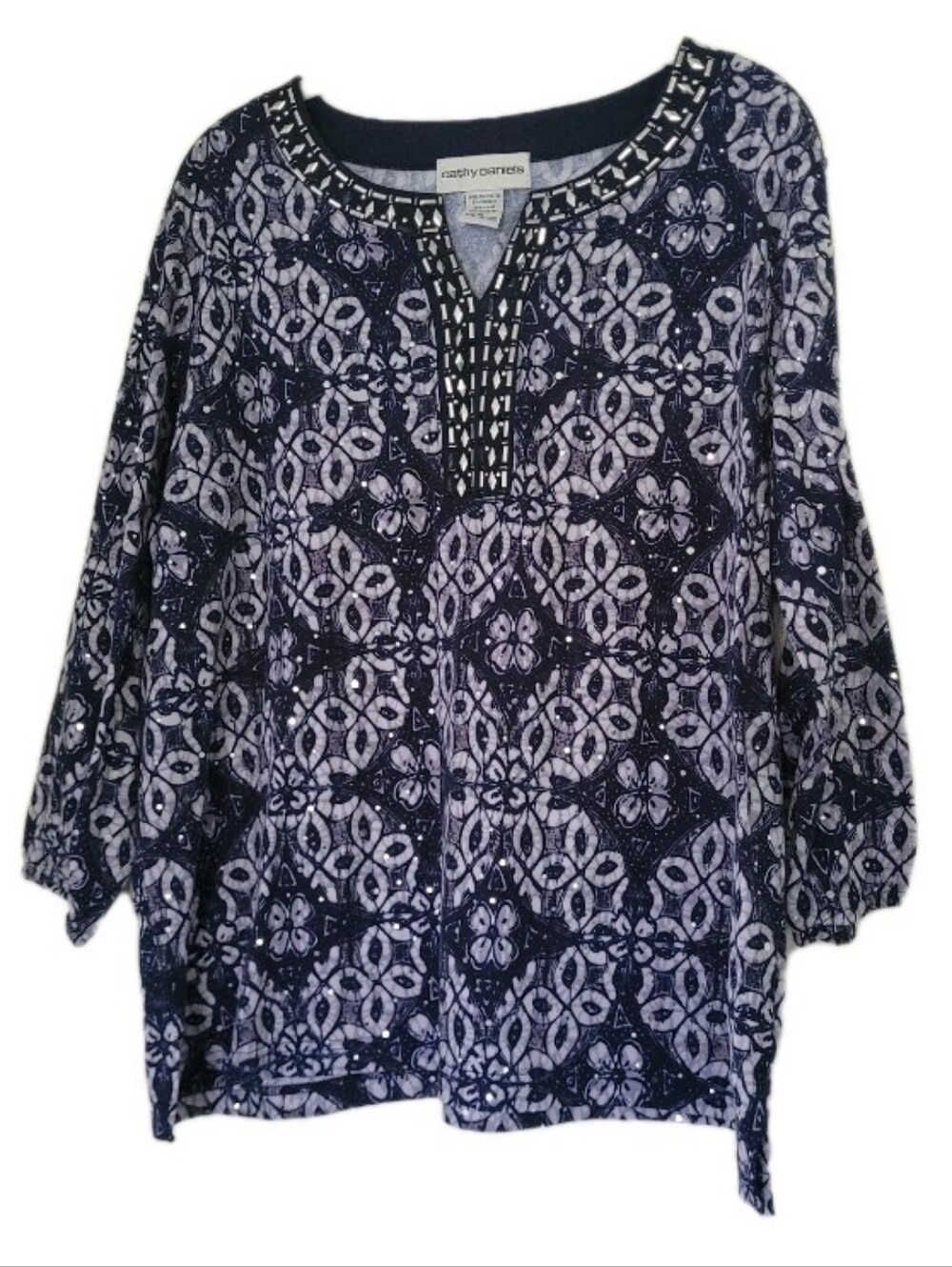 Cathy Daniels Sequin Floral Top Blue White Nautical Boho Size XL V-neck Pullover